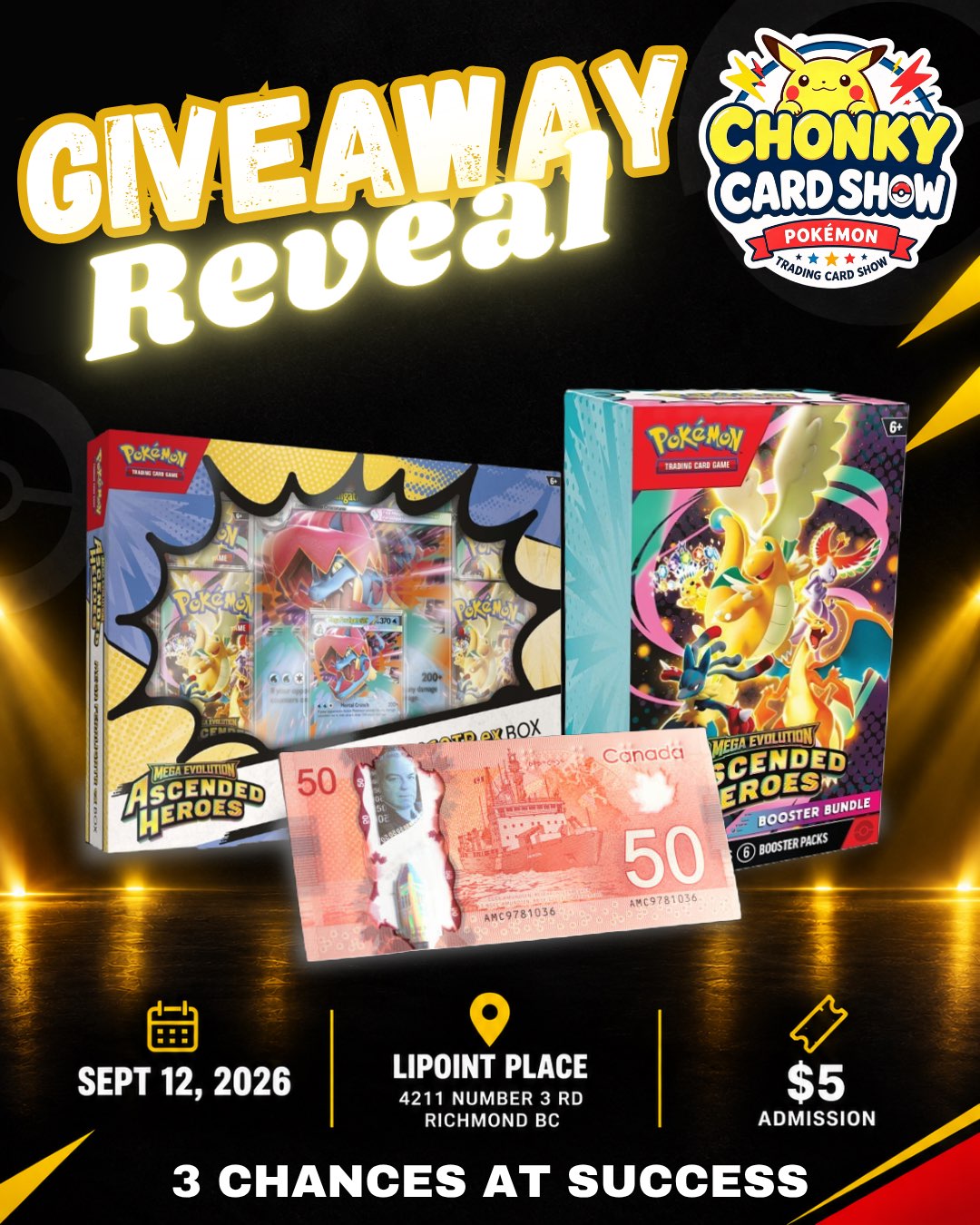 Giveaway reveal featuring sealed Pokémon products and a $50 cash prize at the Chonky Card Show